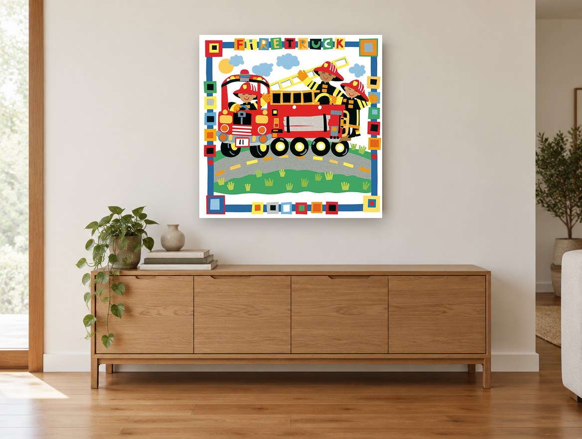 Firefighters on Parade kids canvas print on the wall of a living room above a sideboard