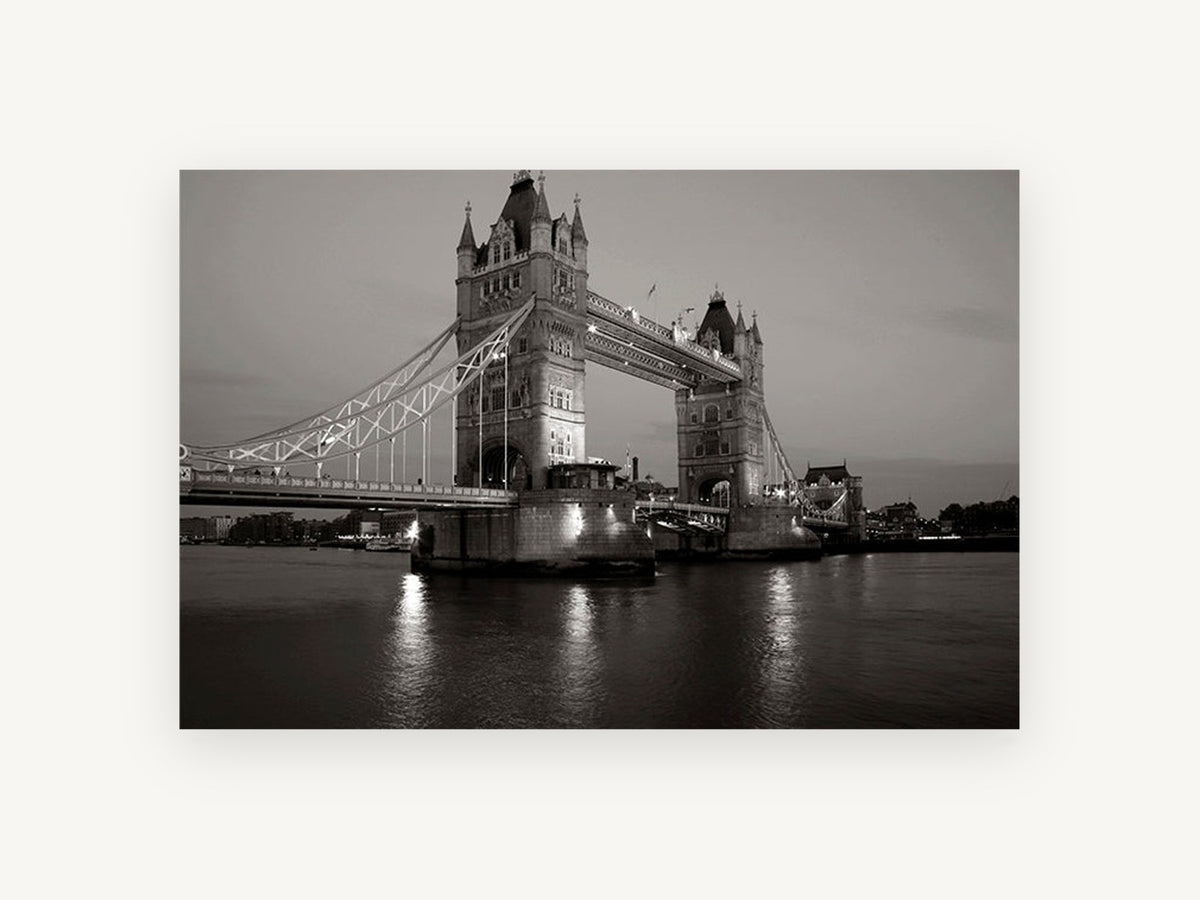Tower Bridge Dusk Sepia, tower bridge london black and white photograph, city canvas wall art print, front view