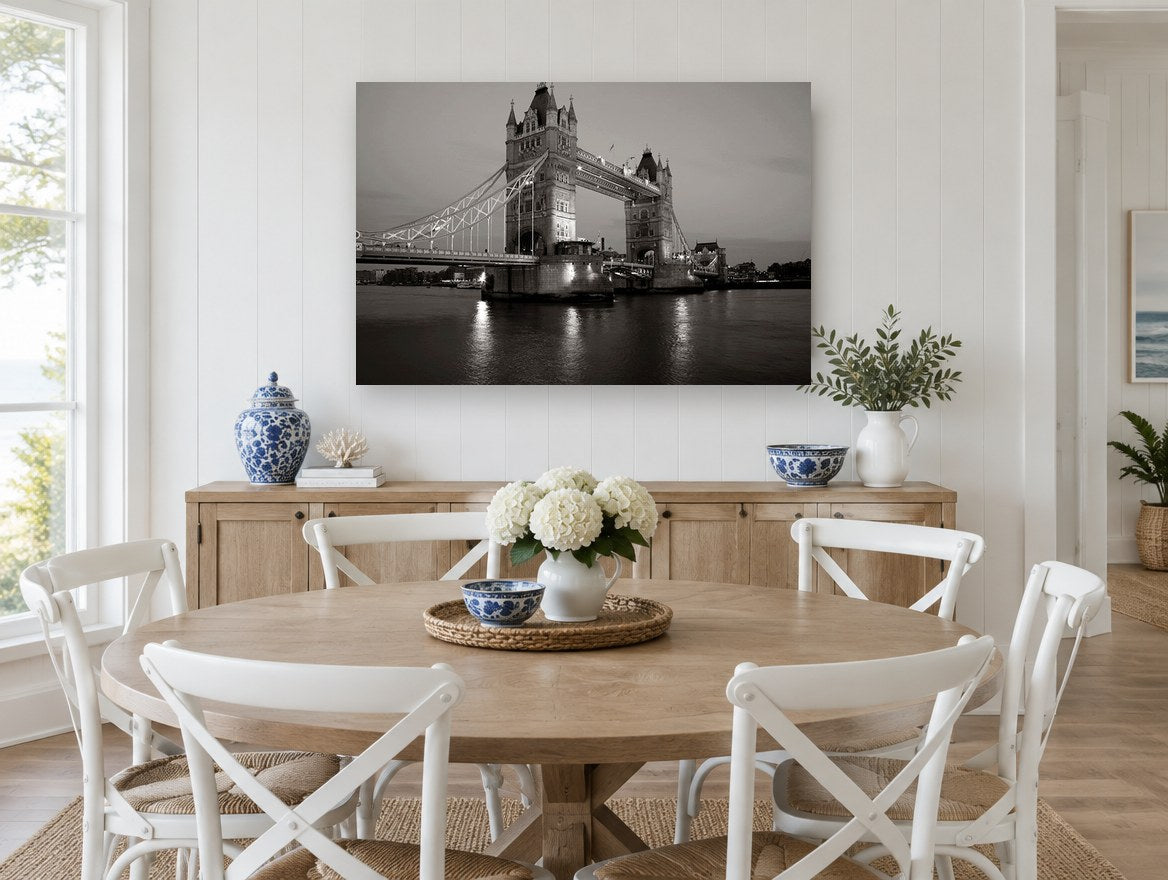 Tower Bridge Dusk Sepia city canvas print on the wall of a Hamptons dining room