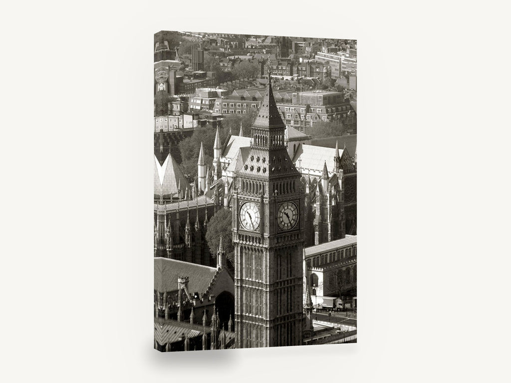 Big Ben From Above, big ben london black and white photograph, city canvas wall art print ready to hang