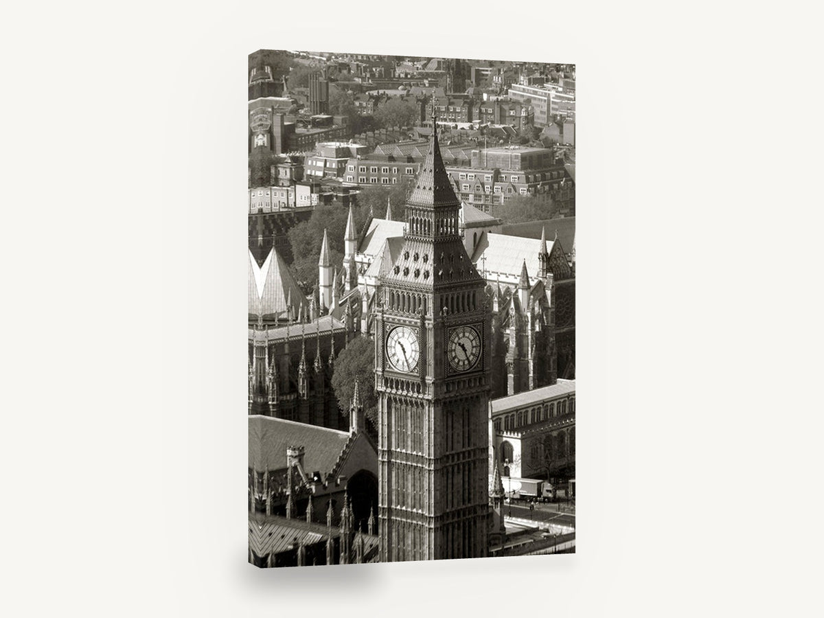 Big Ben From Above, big ben london black and white photograph, city canvas wall art print ready to hang