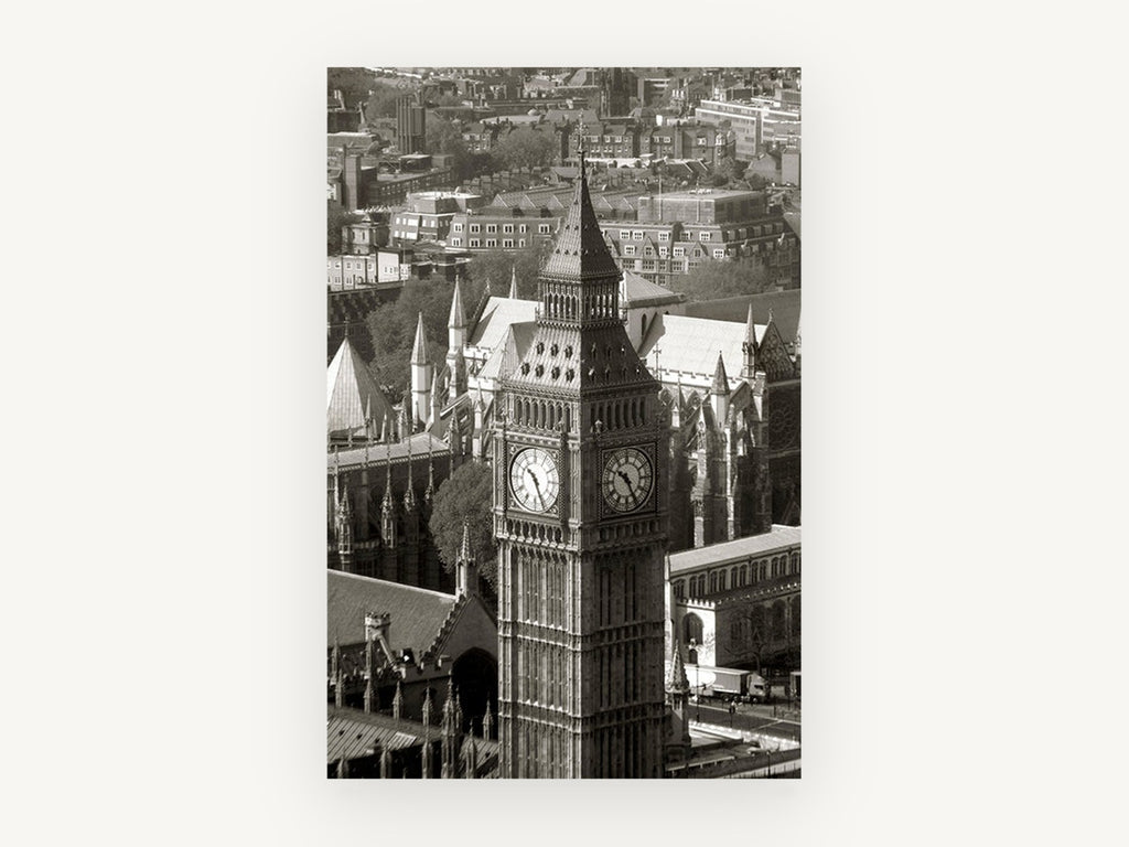 Big Ben From Above, big ben london black and white photograph, city canvas wall art print, front view