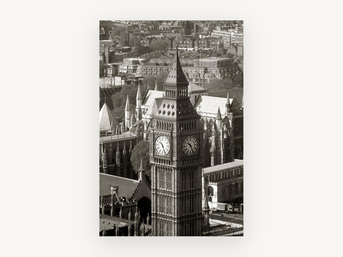 Big Ben From Above, big ben london black and white photograph, city canvas wall art print, front view