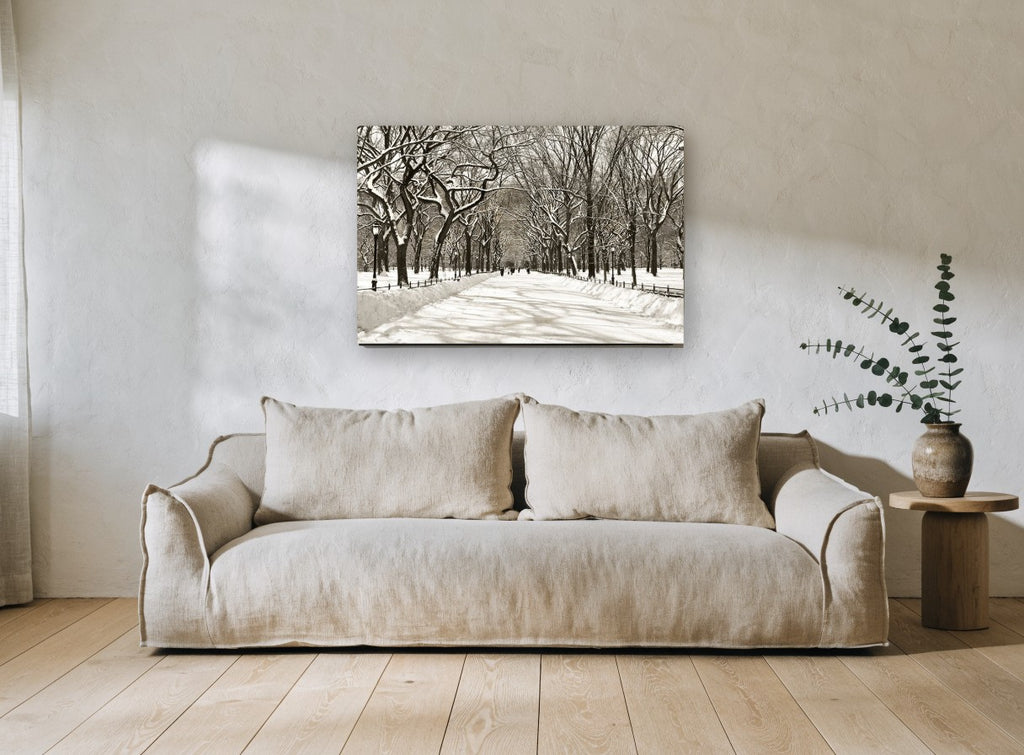 Snowbound Elm Avenue landscape canvas print on the wall of a living room