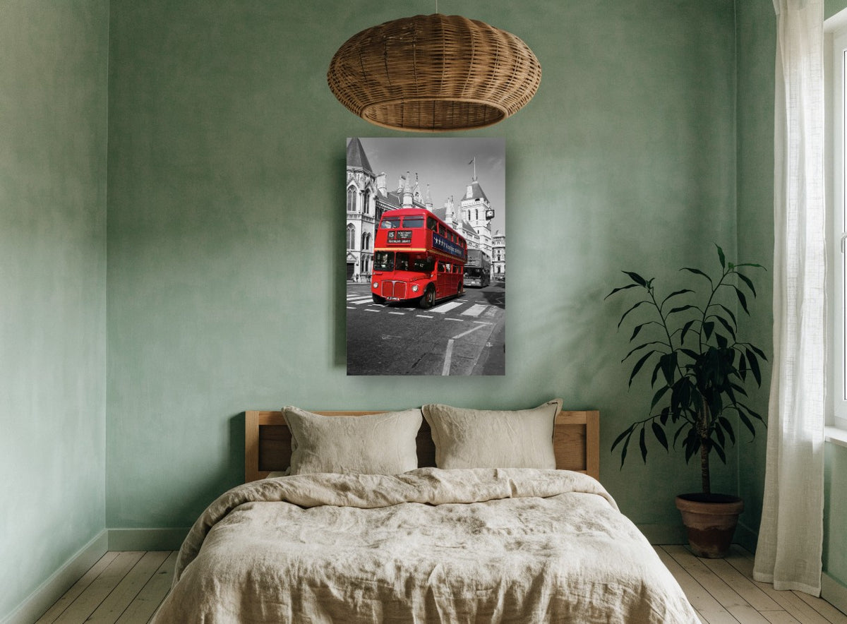 Route 15 Red Routemaster city canvas print on the wall of a bedroom