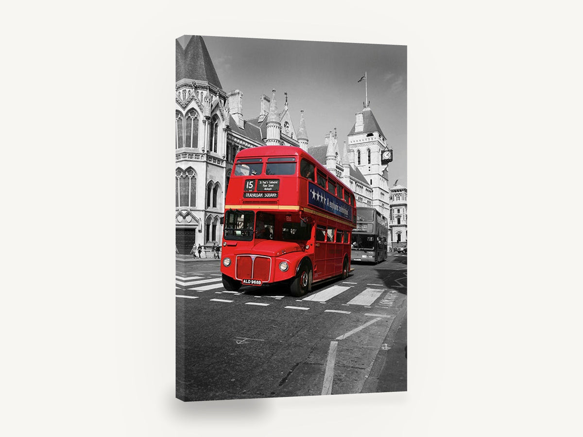 Route 15 Red Routemaster, london red bus black and white photograph, city canvas wall art print ready to hang
