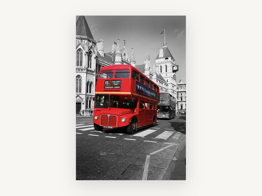 Route 15 Red Routemaster, london red bus black and white photograph, city canvas wall art print, front view