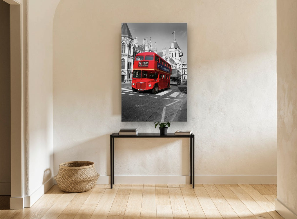 Route 15 Red Routemaster city canvas print on the wall of a hallway