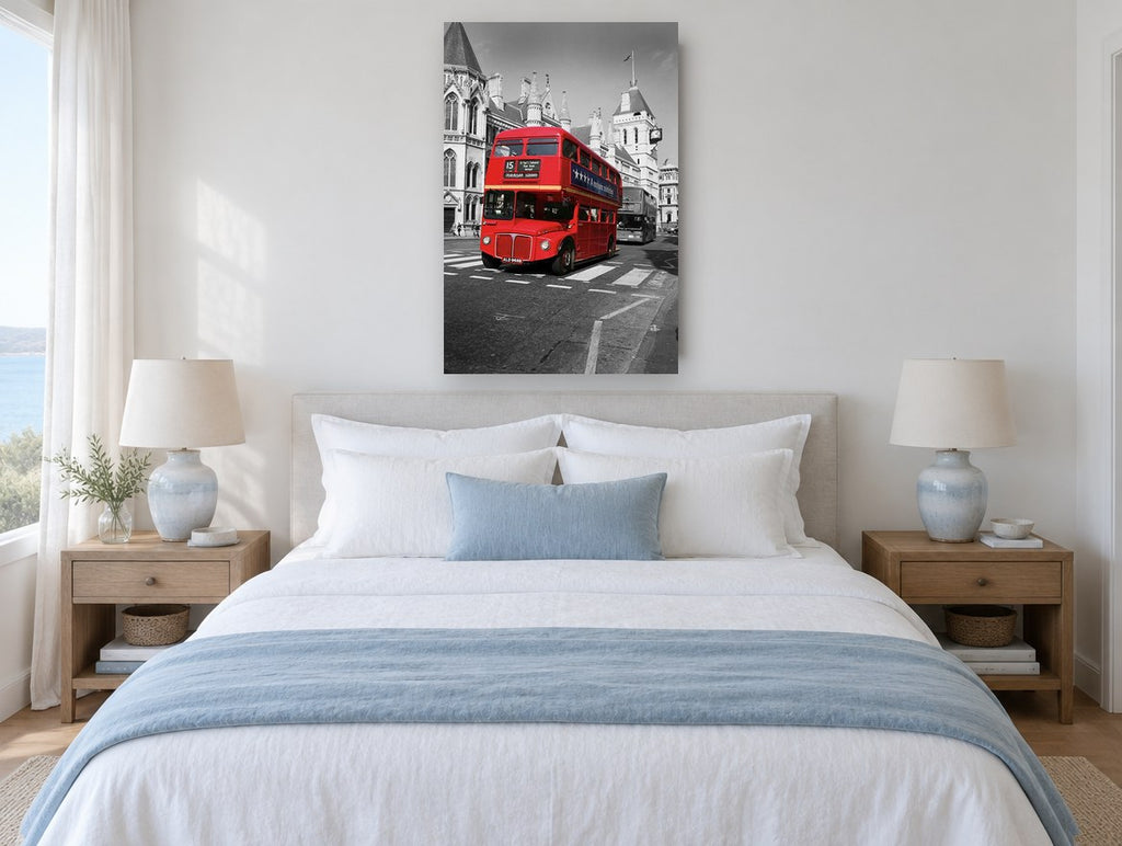 Route 15 Red Routemaster city canvas print on the wall of a bedroom