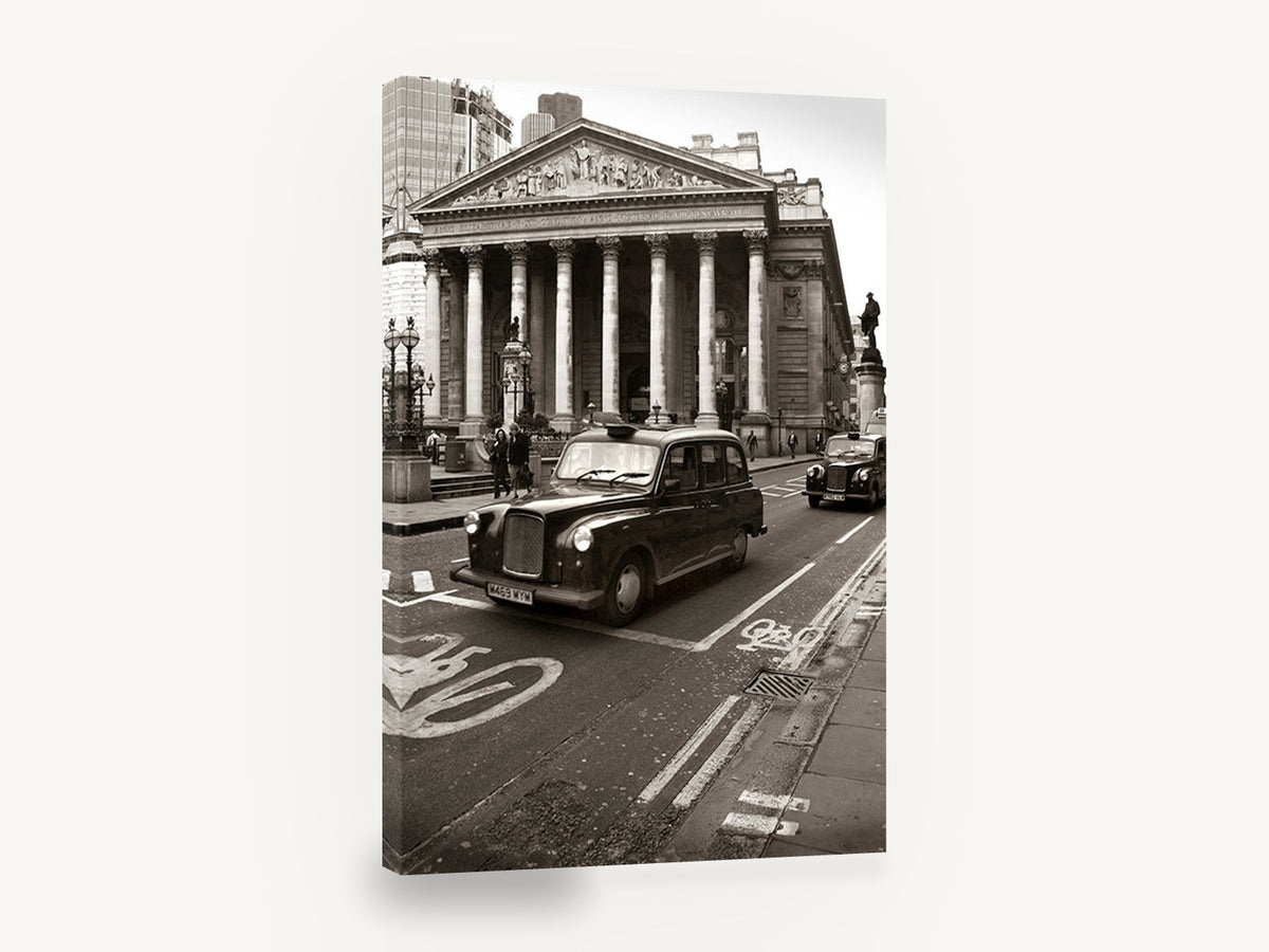 Black Cab at the Exchange, london black cab black and white photograph, city canvas wall art print ready to hang