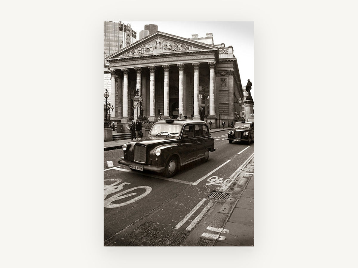 Black Cab at the Exchange, london black cab black and white photograph, city canvas wall art print, front view