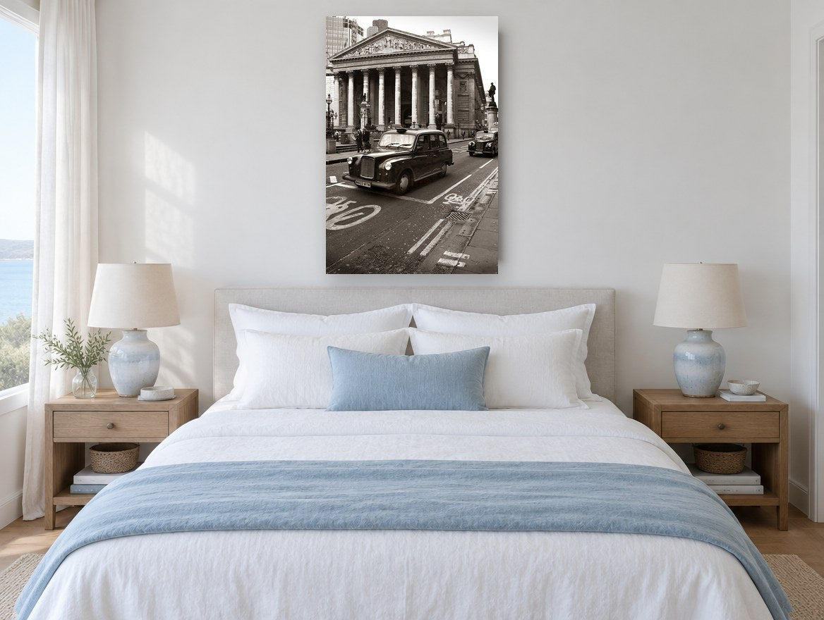 Black Cab at the Exchange city canvas print on the wall of a bedroom