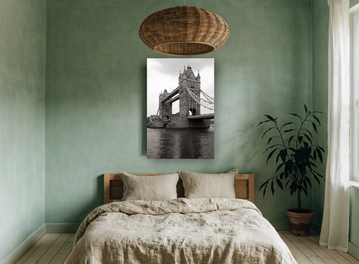 Tower Bridge Grey Sky city canvas print on the wall of a bedroom