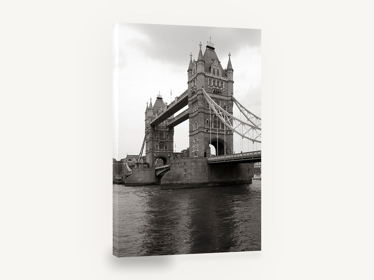Tower Bridge Grey Sky, tower bridge london black and white photograph, city canvas wall art print ready to hang