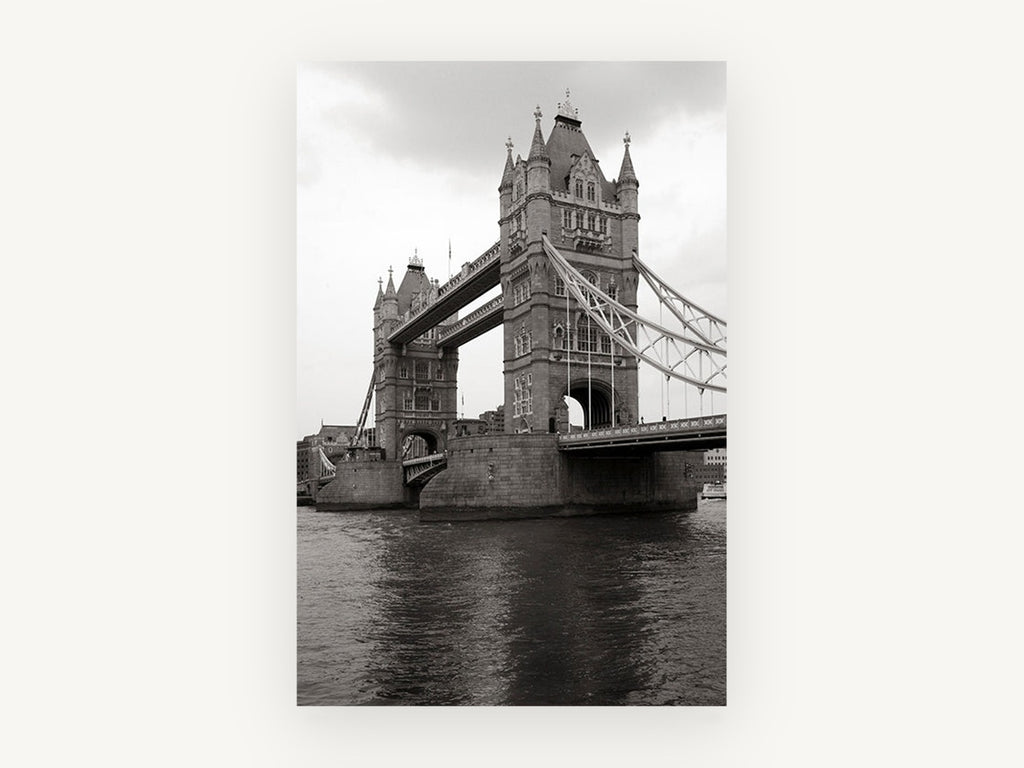 Tower Bridge Grey Sky, tower bridge london black and white photograph, city canvas wall art print, front view