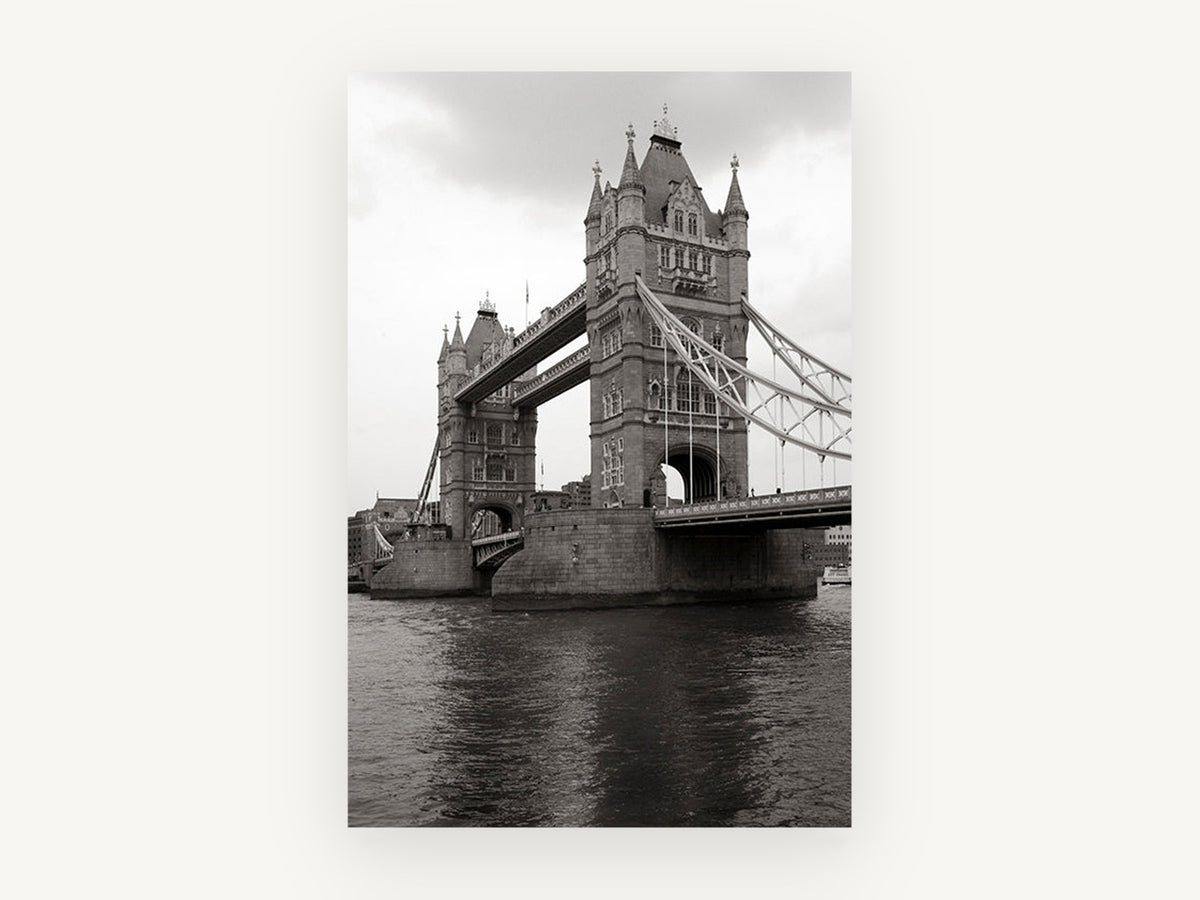 Tower Bridge Grey Sky, tower bridge london black and white photograph, city canvas wall art print, front view