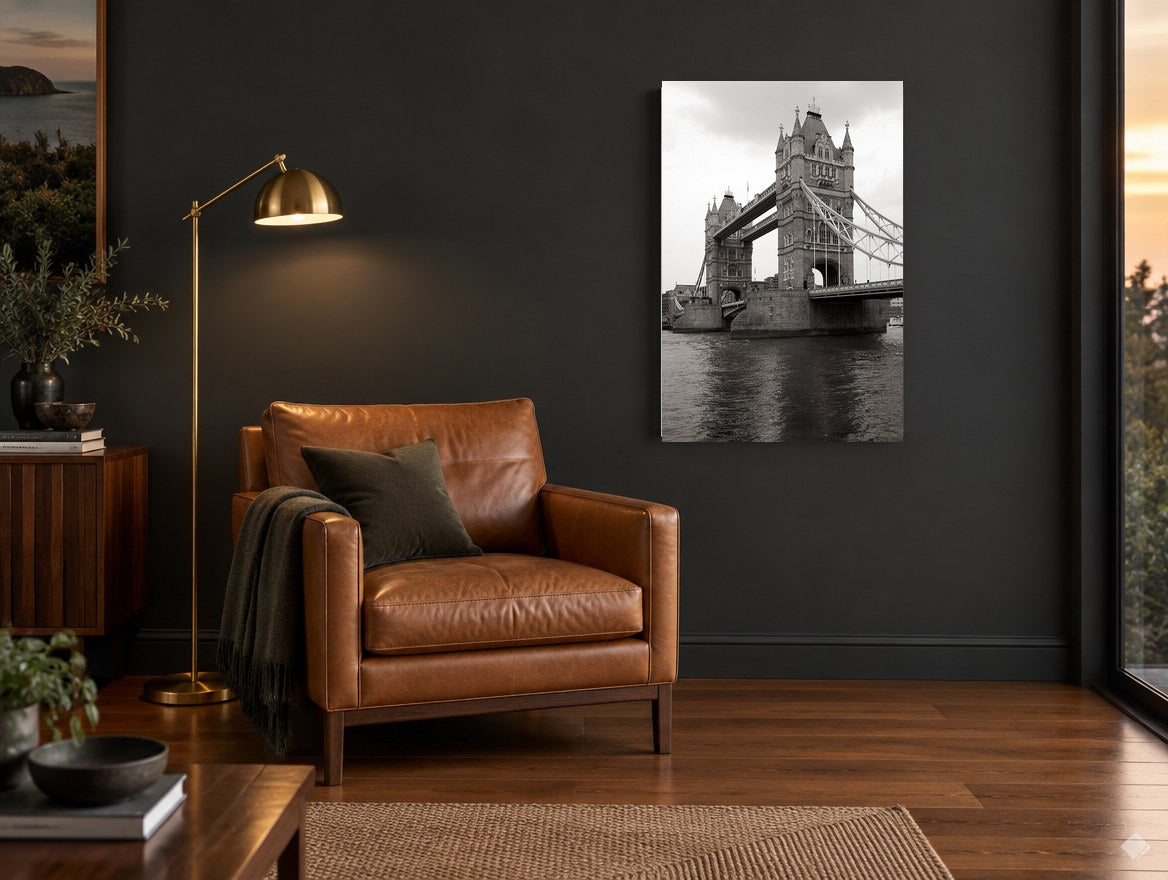 Tower Bridge Grey Sky city canvas print on the wall of a charcoal living room
