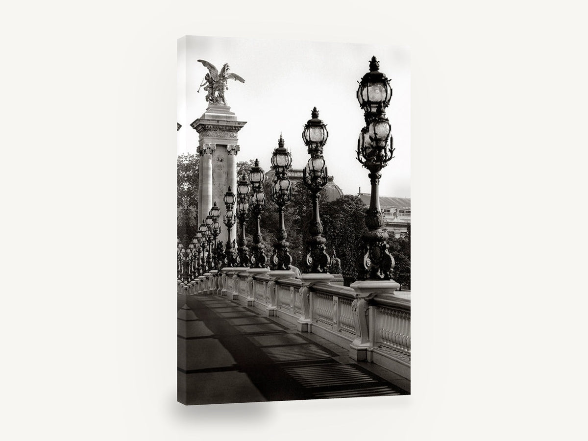 Lamps of the Bridge, pont alexandre iii black and white photograph, city canvas wall art print ready to hang