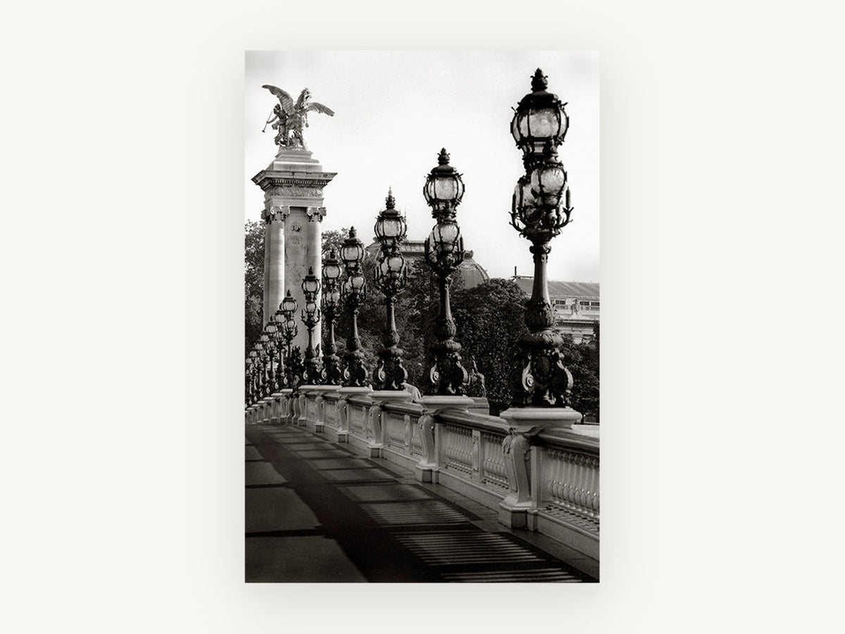 Lamps of the Bridge, pont alexandre iii black and white photograph, city canvas wall art print, front view