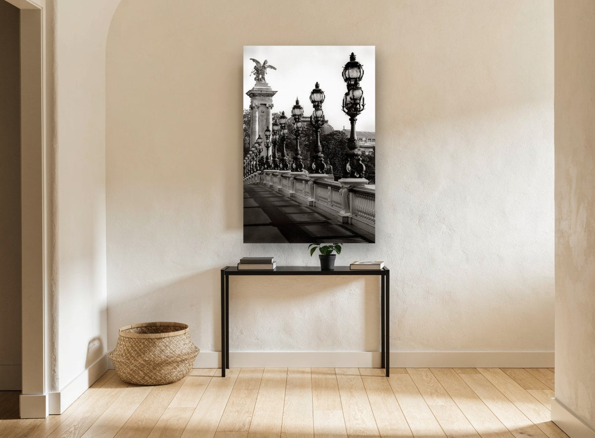 Lamps of the Bridge city canvas print on the wall of a hallway