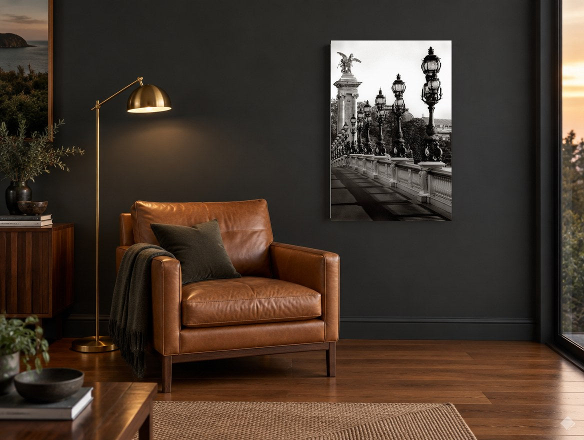 Lamps of the Bridge city canvas print on the wall of a charcoal living room