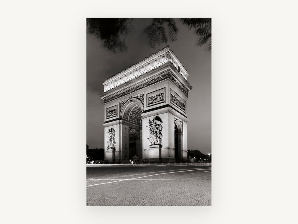 Arc de Triomphe Dusk, arc de triomphe black and white photograph, city canvas wall art print, front view