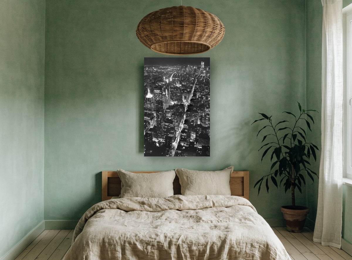 Manhattan After Dark city canvas print on the wall of a bedroom