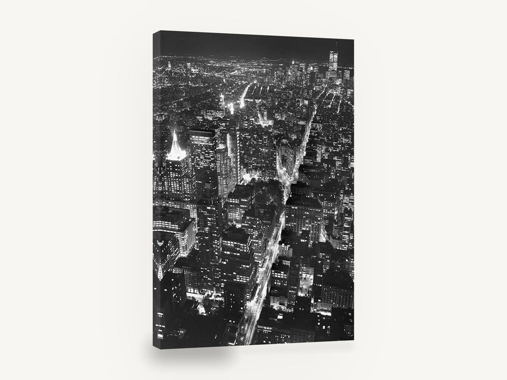 Manhattan After Dark, new york night aerial black and white photograph, city canvas wall art print ready to hang
