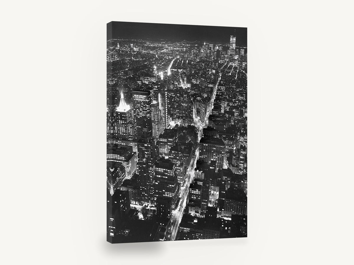 Manhattan After Dark, new york night aerial black and white photograph, city canvas wall art print ready to hang