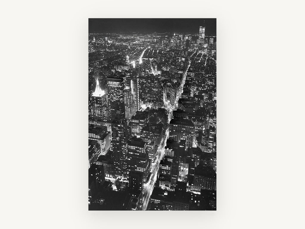 Manhattan After Dark, new york night aerial black and white photograph, city canvas wall art print, front view
