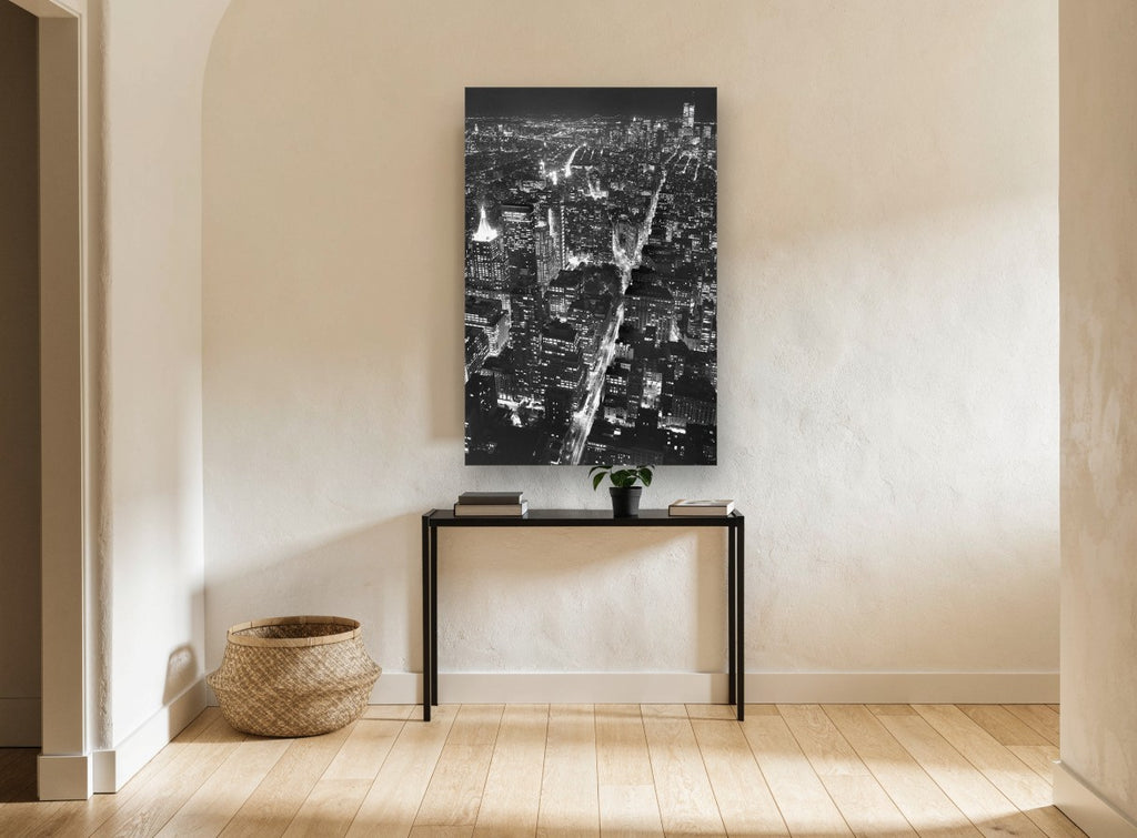 Manhattan After Dark city canvas print on the wall of a hallway