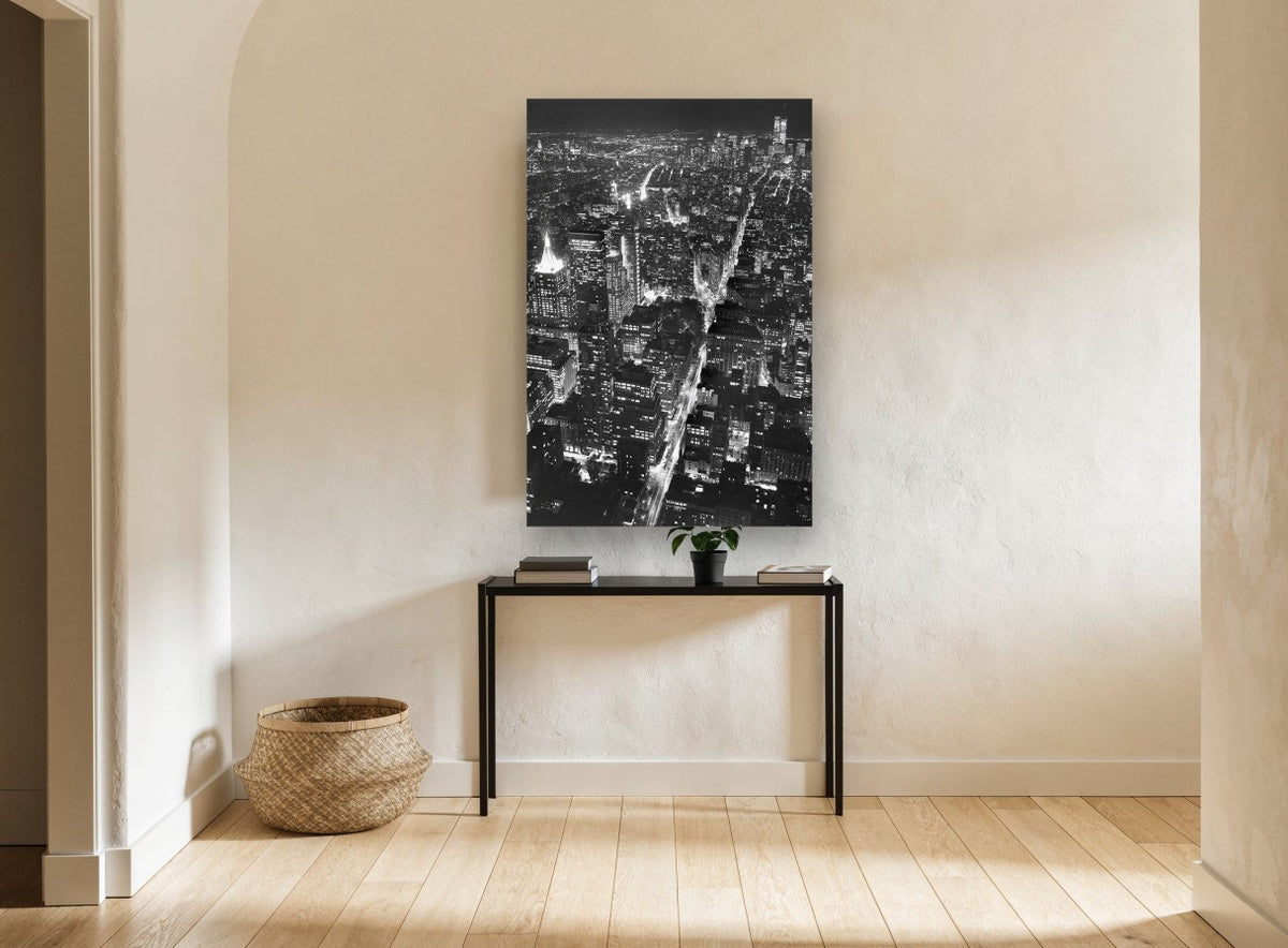 Manhattan After Dark city canvas print on the wall of a hallway