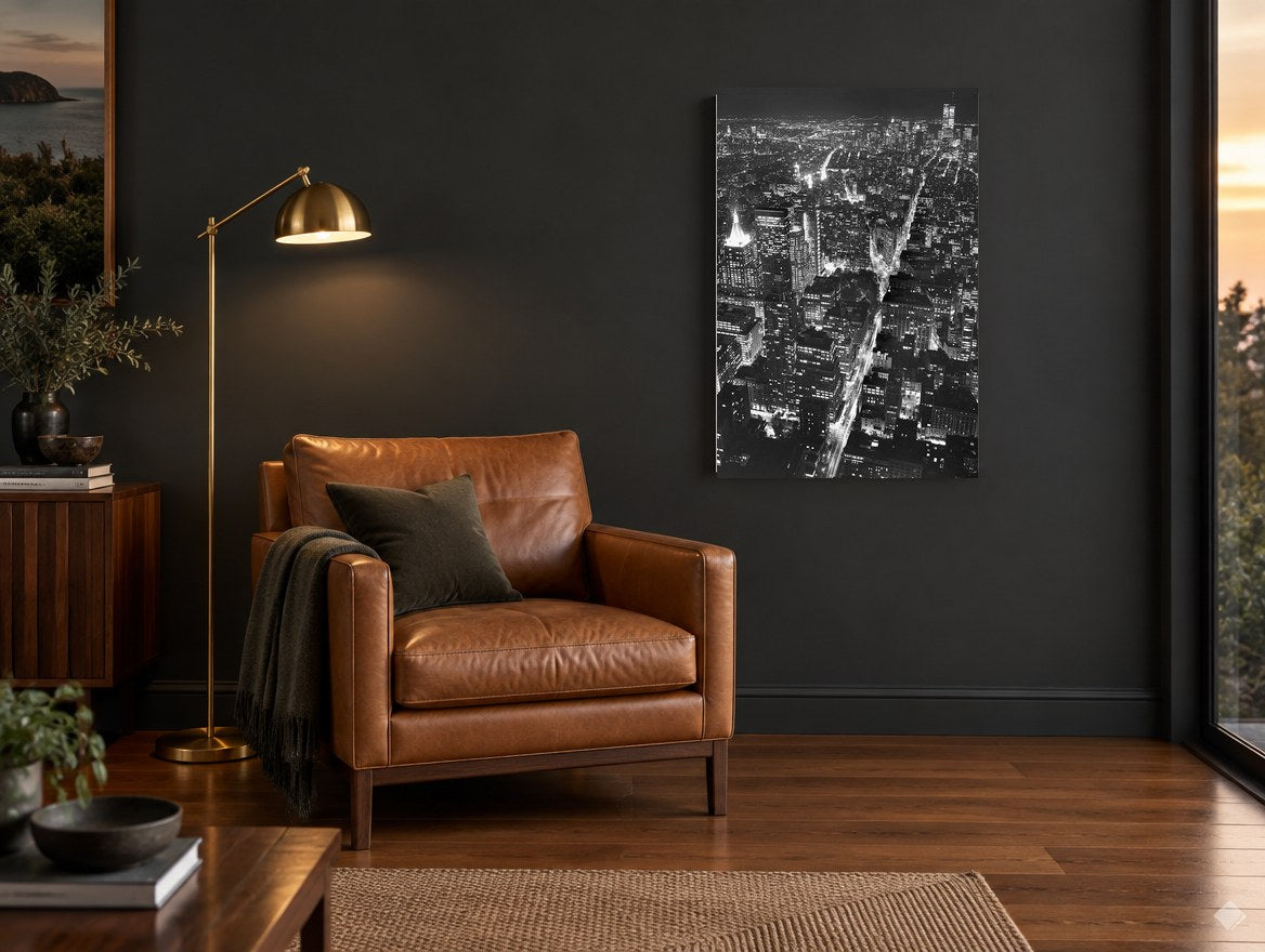 Manhattan After Dark city canvas print on the wall of a charcoal living room