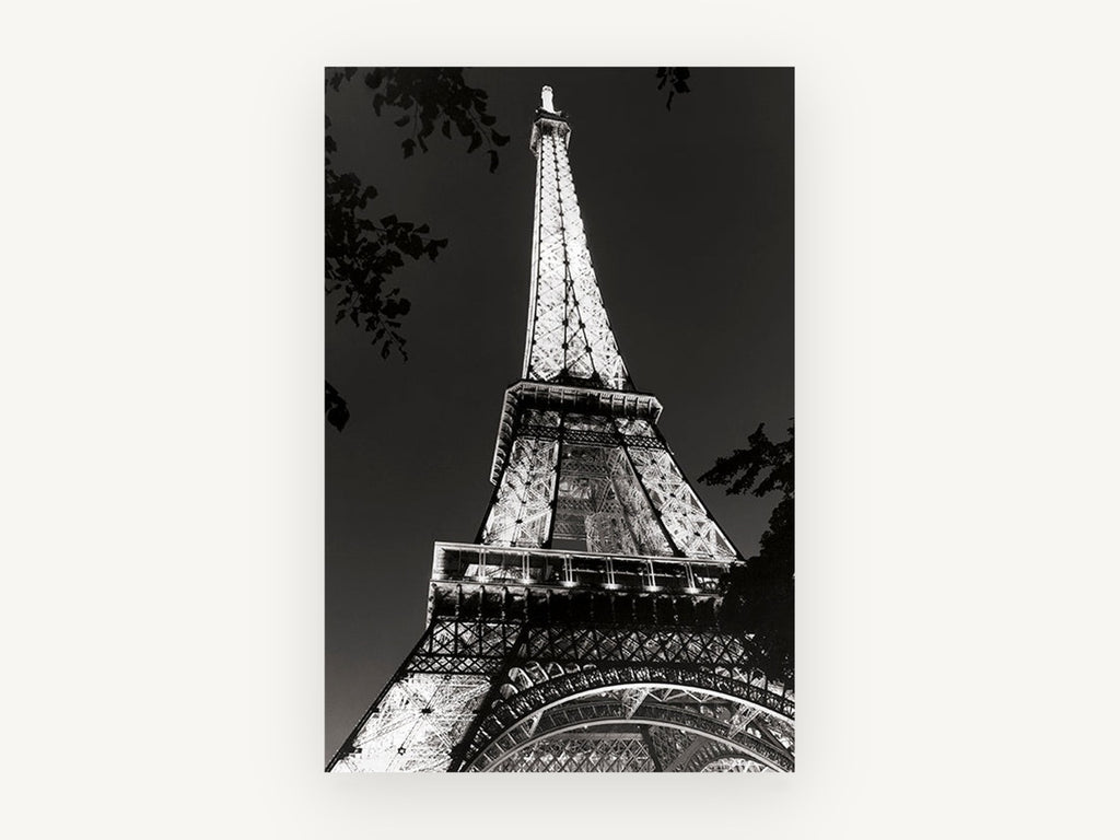Eiffel Tower Aglow, eiffel tower at night black and white photograph, city canvas wall art print, front view