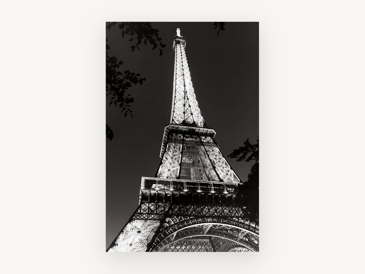 Eiffel Tower Aglow, eiffel tower at night black and white photograph, city canvas wall art print, front view