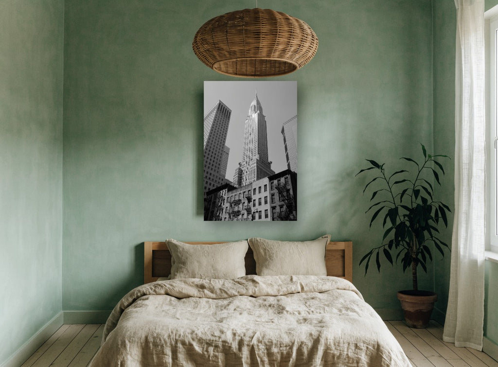 Chrysler Spire Upward city canvas print on the wall of a bedroom