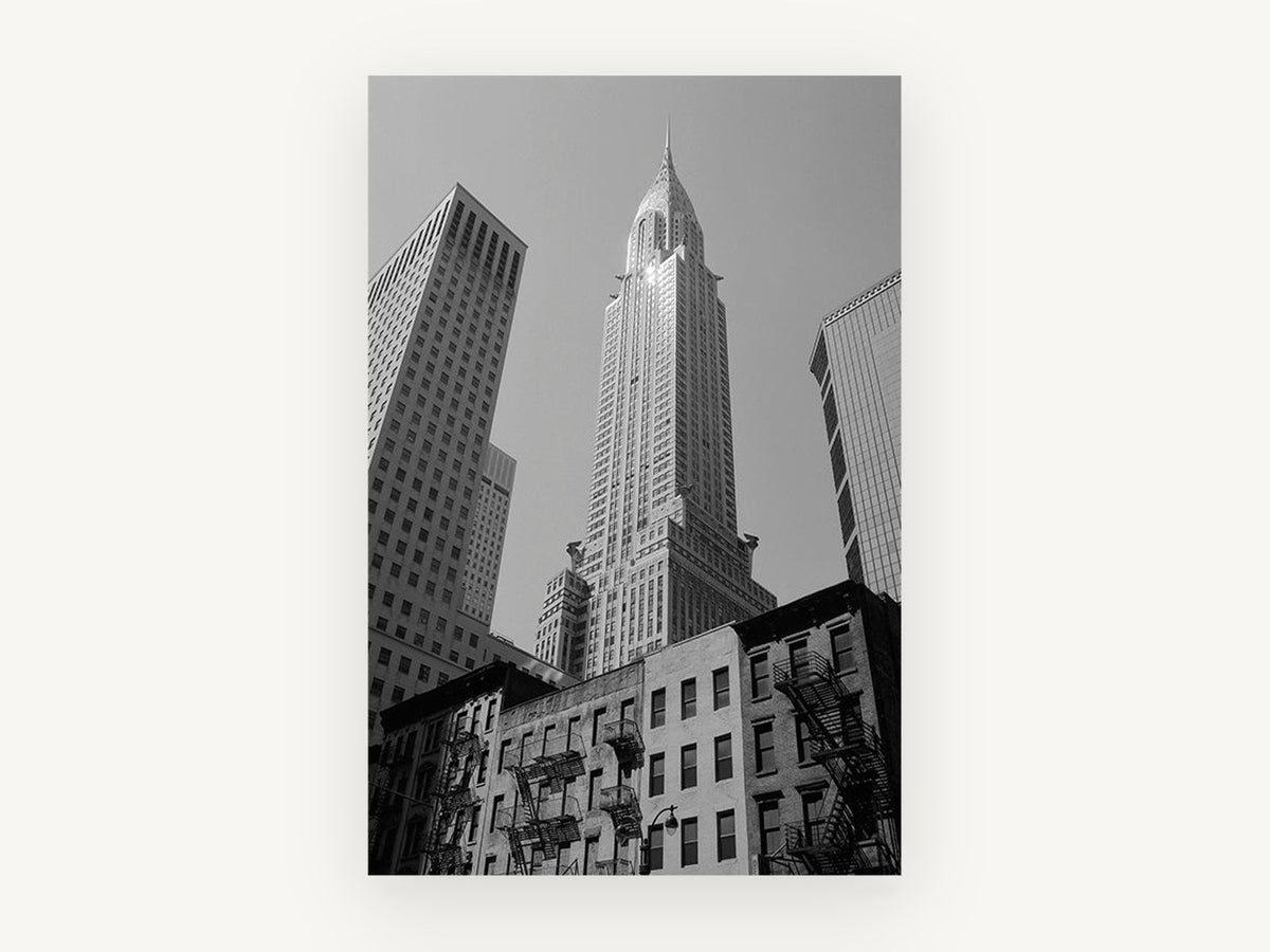 Chrysler Spire Upward, chrysler building black and white photograph, city canvas wall art print, front view