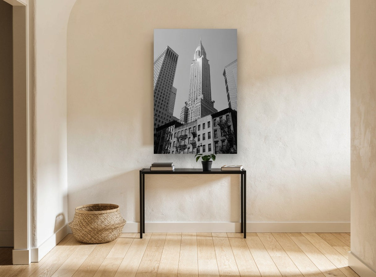 Chrysler Spire Upward city canvas print on the wall of a hallway
