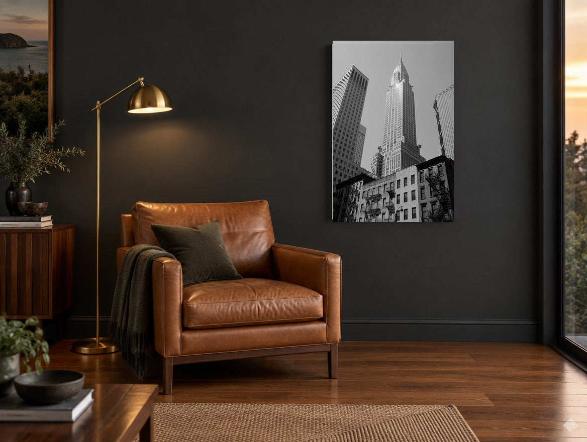 Chrysler Spire Upward city canvas print on the wall of a charcoal living room