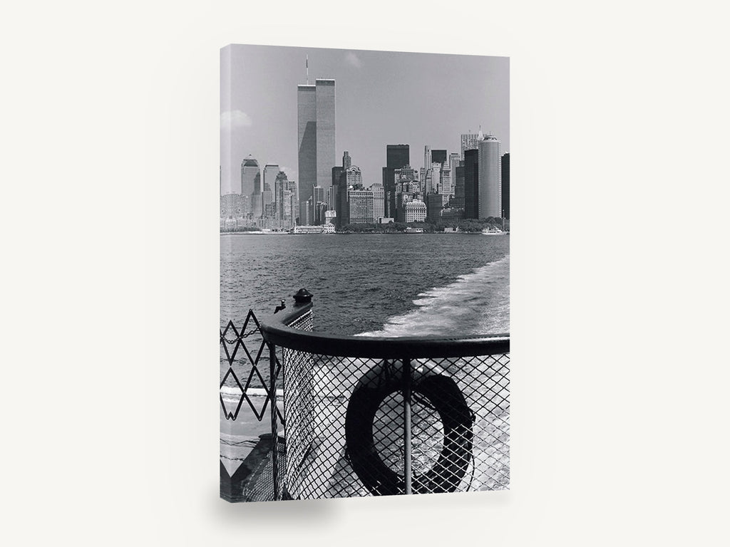 Ferry Wake Downtown, new york skyline from ferry black and white photograph, city canvas wall art print ready to hang