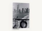 Ferry Wake Downtown, new york skyline from ferry black and white photograph, city canvas wall art print ready to hang