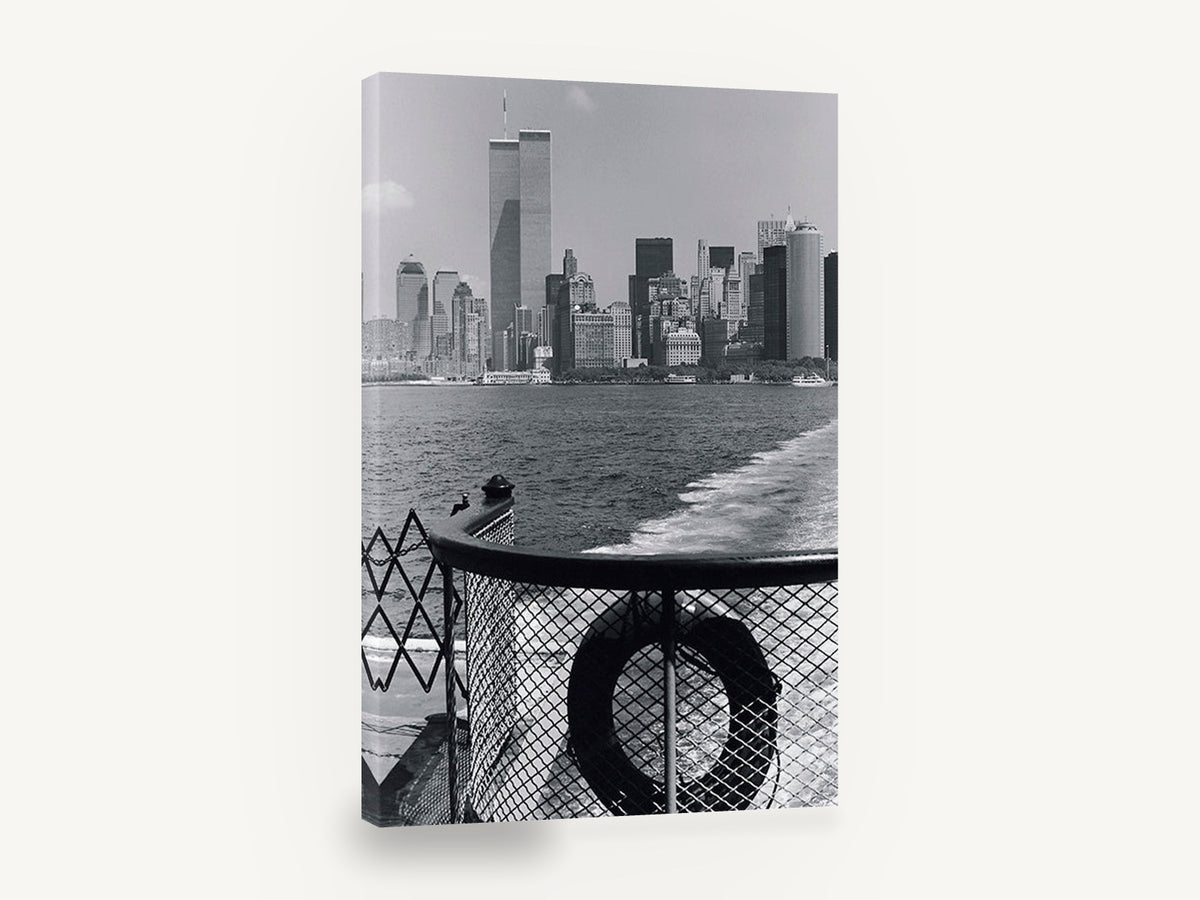 Ferry Wake Downtown, new york skyline from ferry black and white photograph, city canvas wall art print ready to hang
