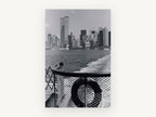 Ferry Wake Downtown, new york skyline from ferry black and white photograph, city canvas wall art print, front view