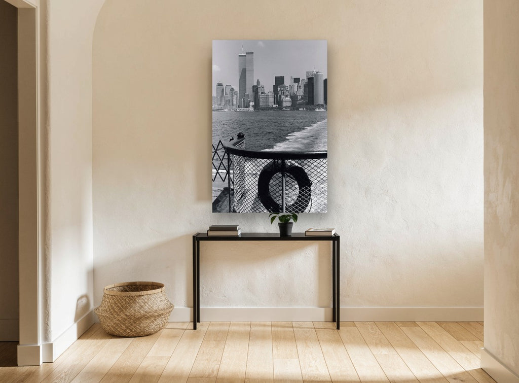 Ferry Wake Downtown city canvas print on the wall of a hallway
