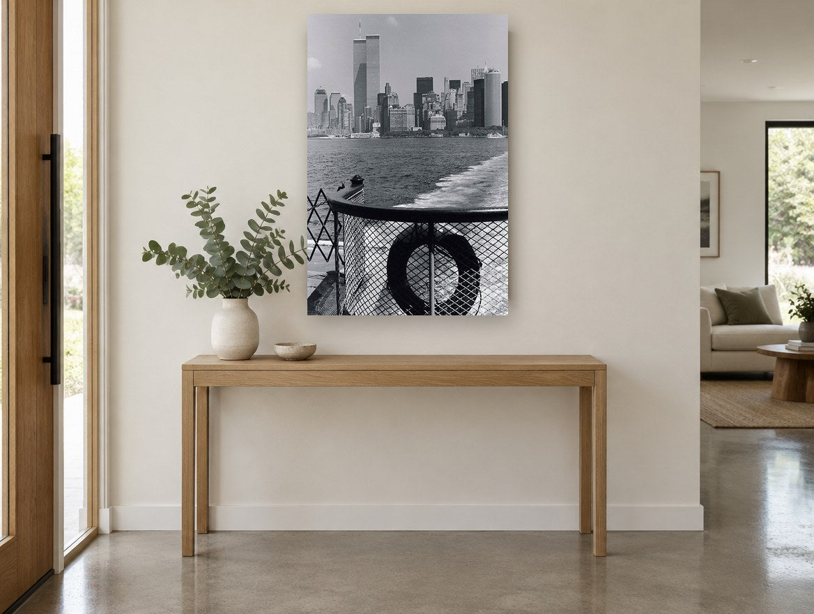 Ferry Wake Downtown city canvas print on the wall of a entry hall