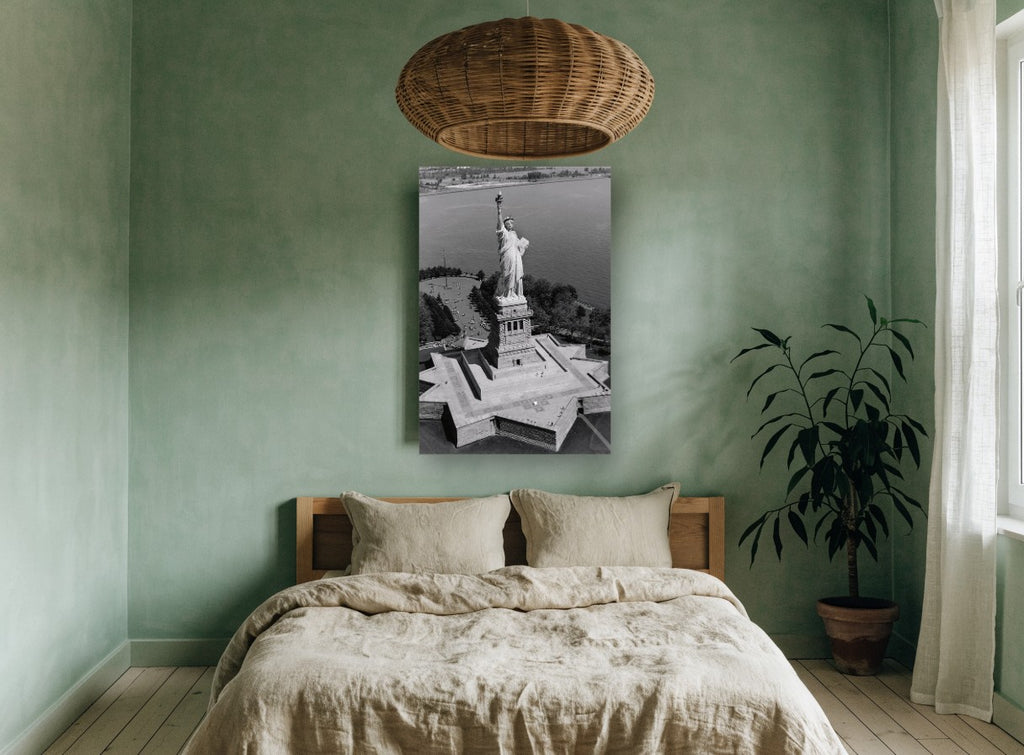 Liberty From Above city canvas print on the wall of a bedroom