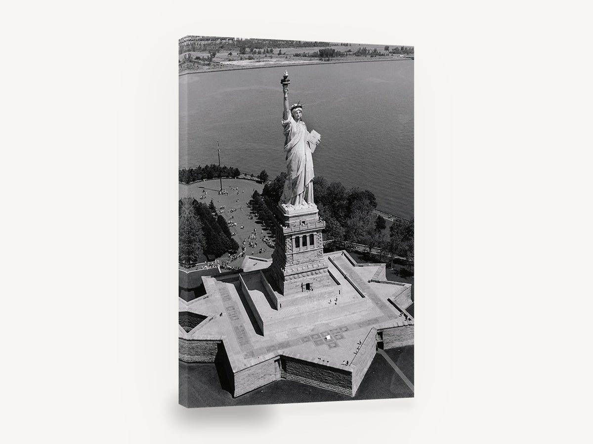 Liberty From Above, statue of liberty aerial black and white photograph, city canvas wall art print ready to hang