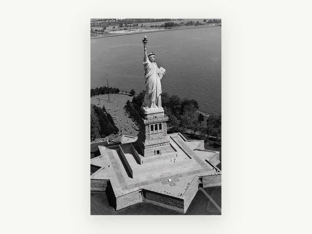 Liberty From Above, statue of liberty aerial black and white photograph, city canvas wall art print, front view