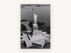 Liberty From Above, statue of liberty aerial black and white photograph, city canvas wall art print, front view
