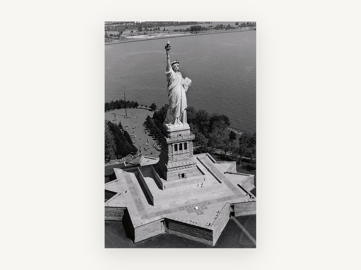 Liberty From Above, statue of liberty aerial black and white photograph, city canvas wall art print, front view
